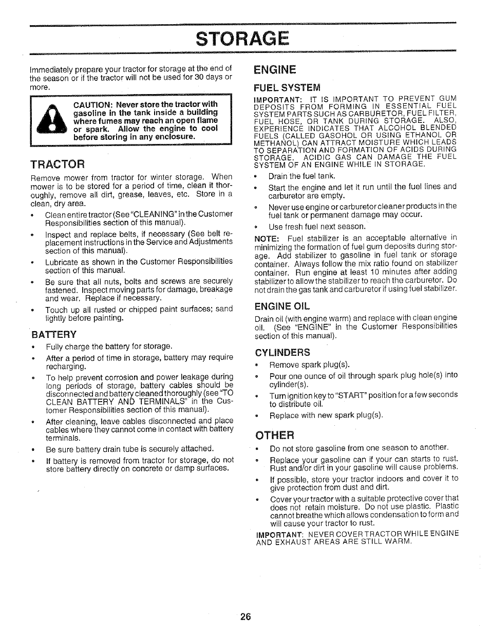 Tractor, Battery, Fuel systefvi | Engine oil, Cylinders, Other, Storage, Engine | Poulan 159699 User Manual | Page 26 / 46
