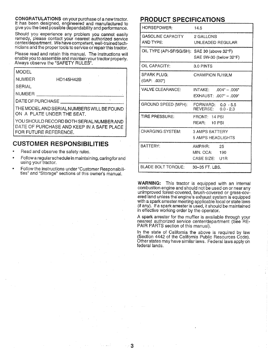 Product specifications, Customer responsibilities | Poulan 159699 User Manual | Page 3 / 46