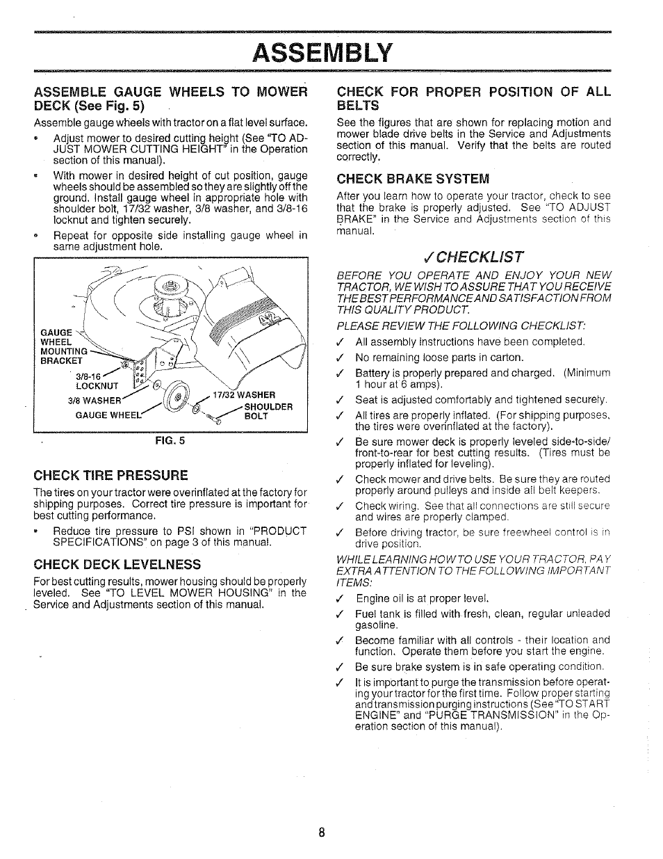 Assembly, Assemble gauge wheels to mower deck (see fig. 5), Check tire pressure | Check deck levelness, Check for proper position of all belts, Check brake system, Checklist | Poulan 159699 User Manual | Page 8 / 46