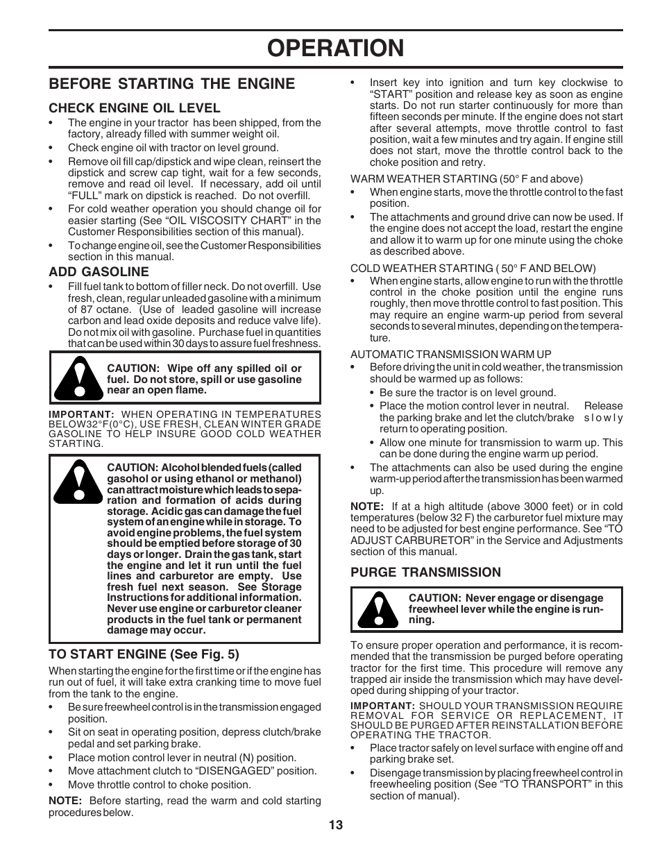 Operation, Before starting the engine | Poulan 182705 User Manual | Page 13 / 48