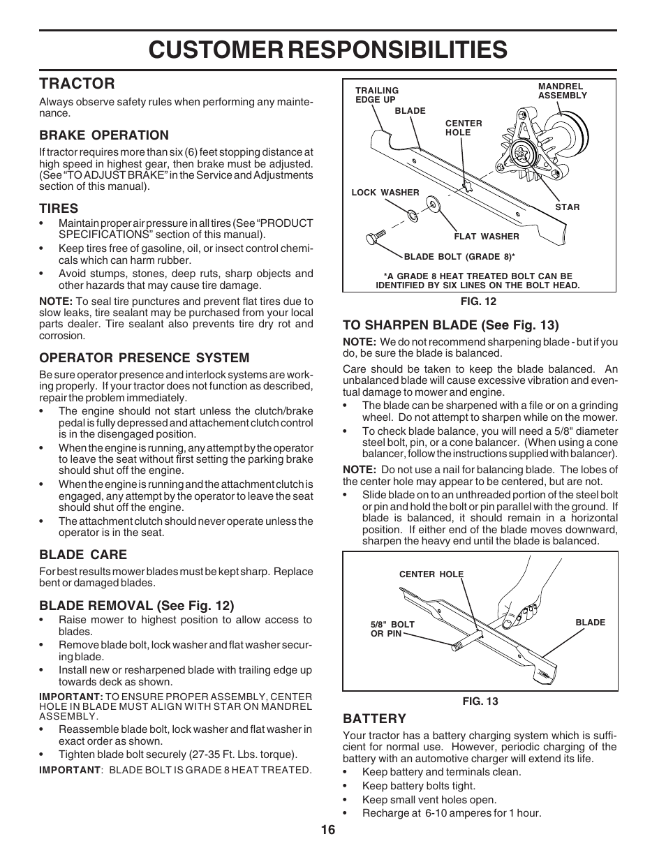 Customer responsibilities, Tractor | Poulan 182705 User Manual | Page 16 / 48