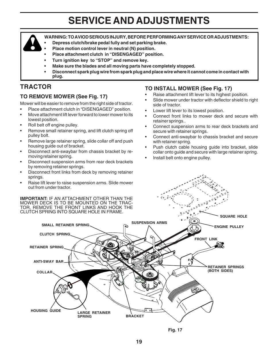 Service and adjustments, Tractor | Poulan 182705 User Manual | Page 19 / 48