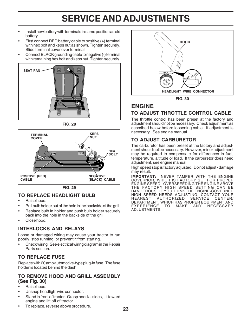 Service and adjustments, Engine | Poulan 182705 User Manual | Page 23 / 48