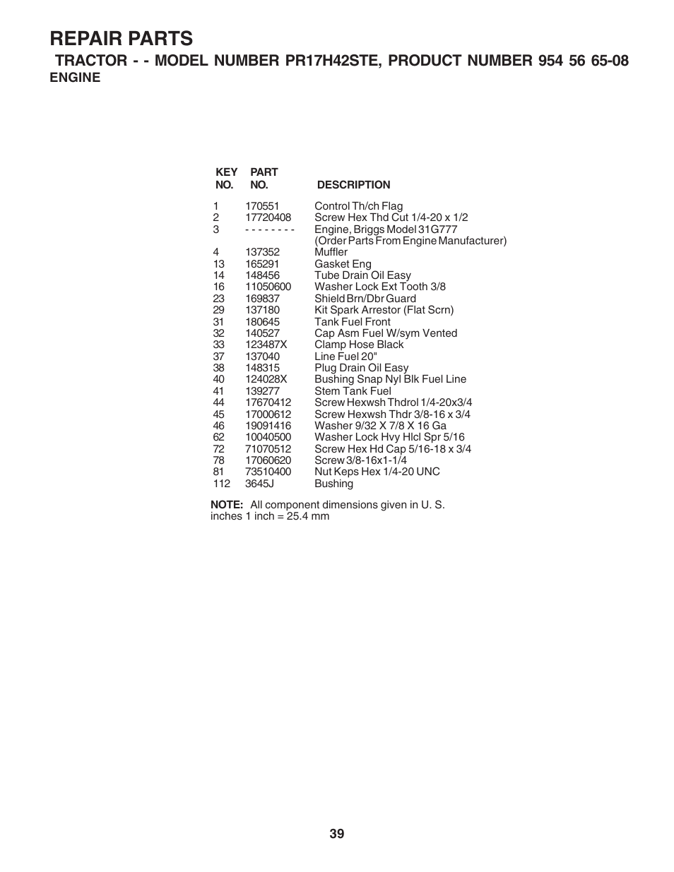 Repair parts | Poulan 182705 User Manual | Page 39 / 48