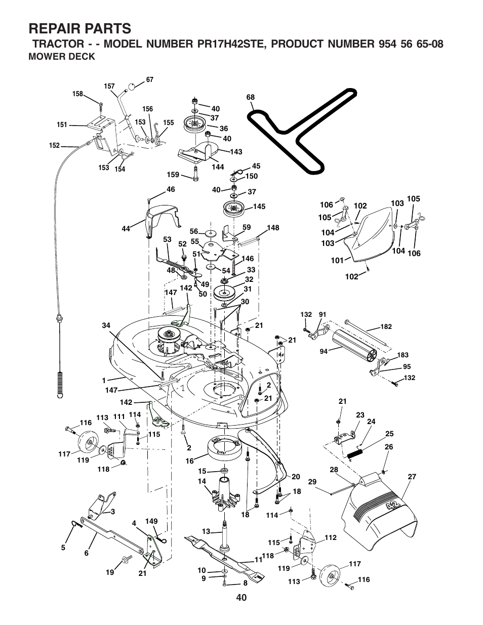 Repair parts, Mower deck | Poulan 182705 User Manual | Page 40 / 48