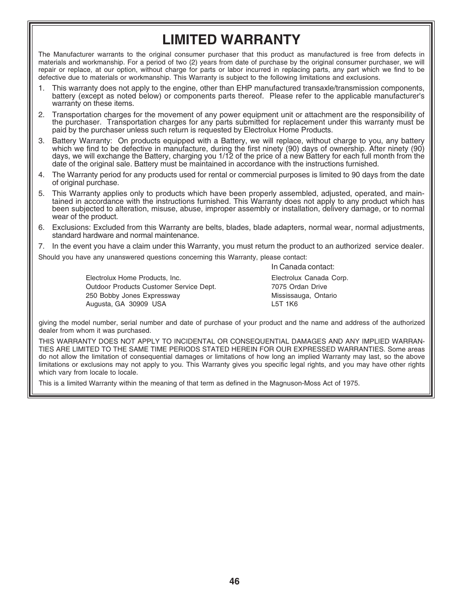 Limited warranty | Poulan 182705 User Manual | Page 46 / 48