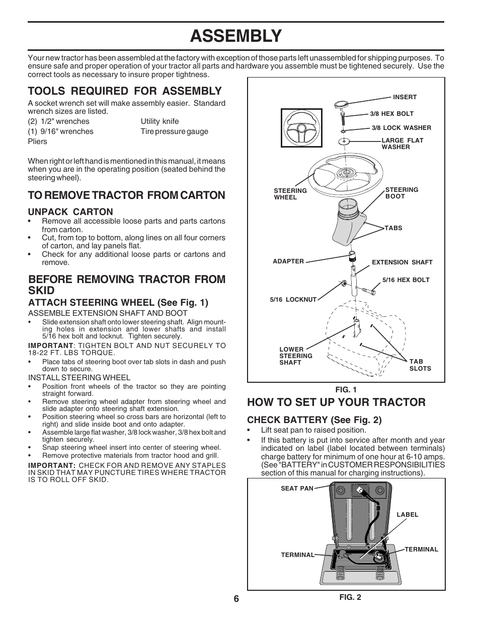 Assembly, Tools required for assembly, How to set up your tractor | Before removing tractor from skid | Poulan 182705 User Manual | Page 6 / 48
