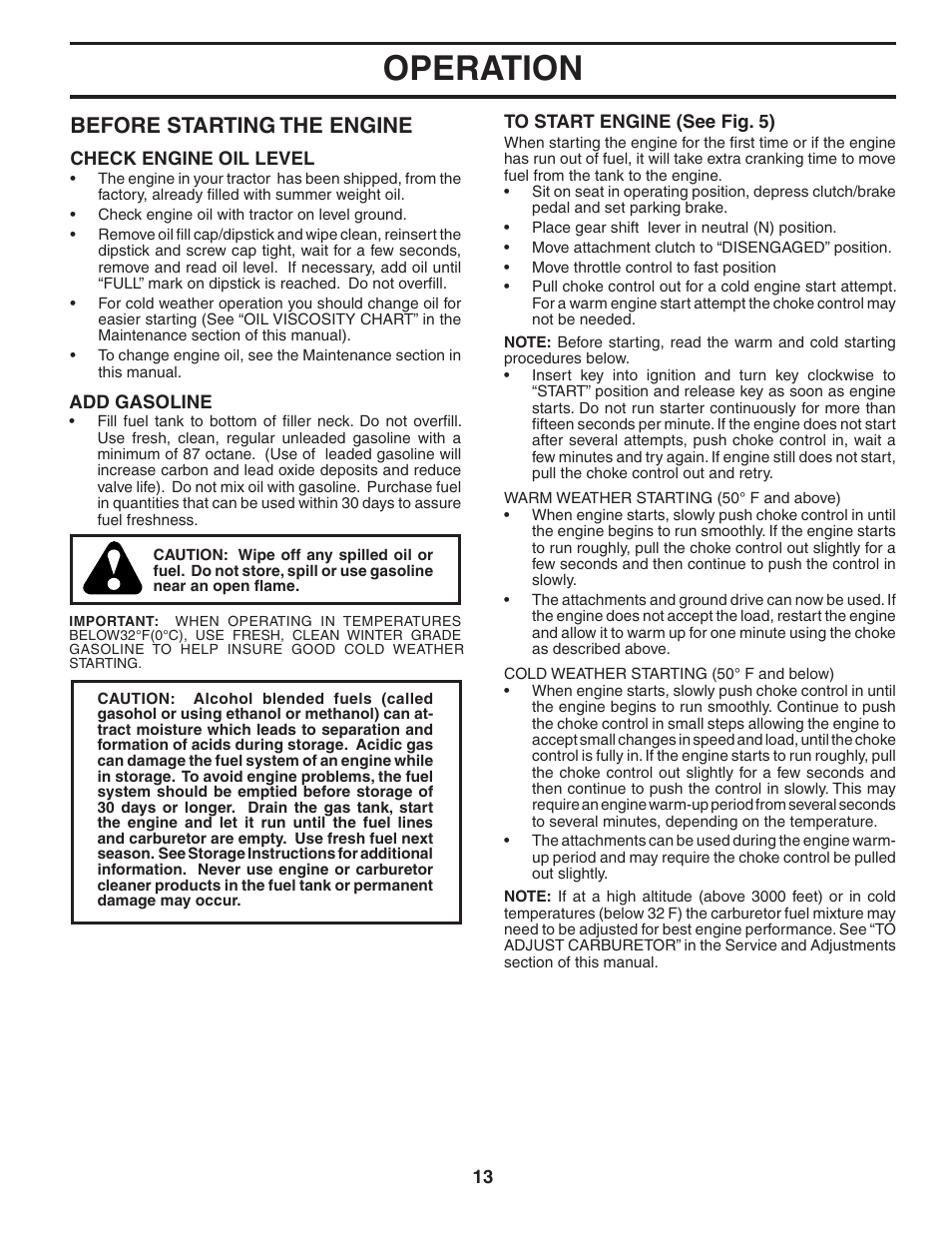 Operation, Before starting the engine | Poulan 185491 User Manual | Page 13 / 48