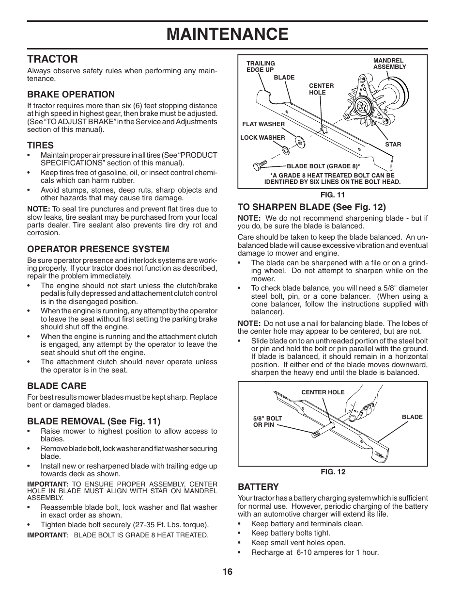 Maintenance, Tractor | Poulan 185491 User Manual | Page 16 / 48