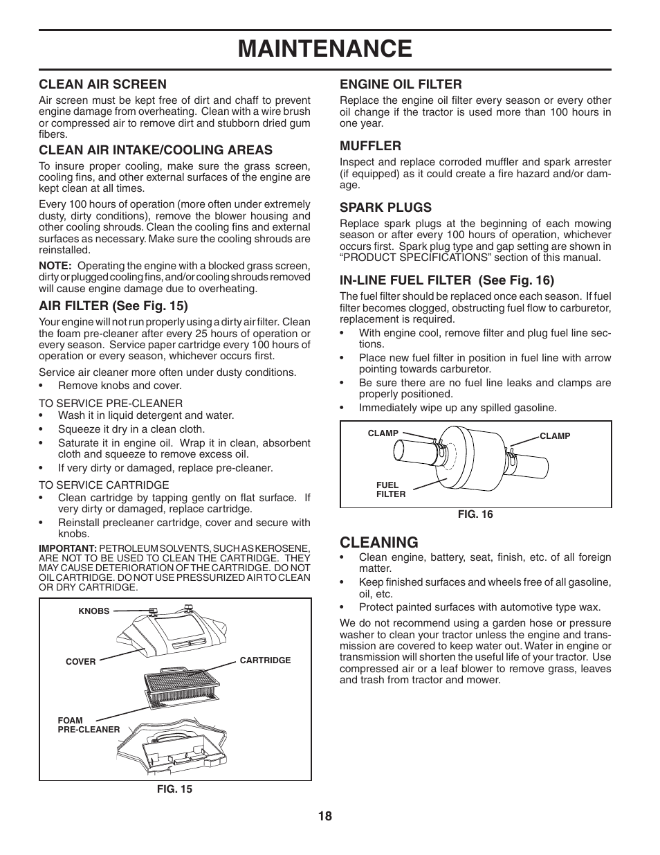 Maintenance, Cleaning | Poulan 185491 User Manual | Page 18 / 48