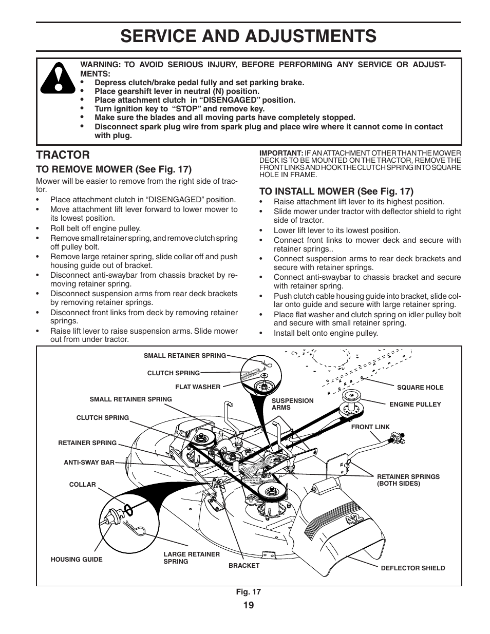 Service and adjustments, Tractor | Poulan 185491 User Manual | Page 19 / 48