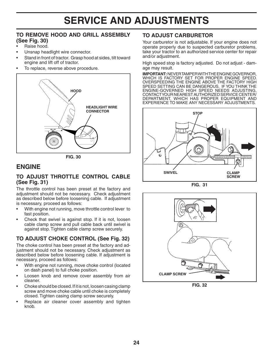 Service and adjustments, Engine | Poulan 185491 User Manual | Page 24 / 48