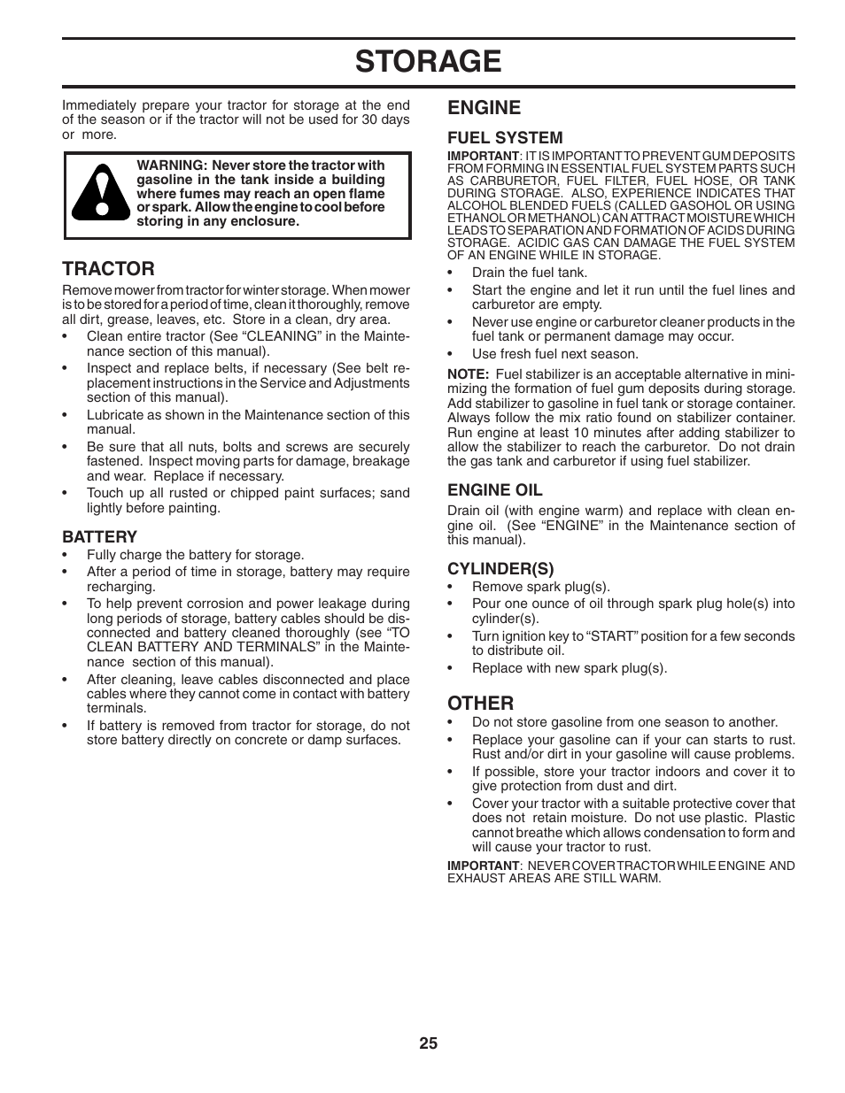 Storage, Tractor, Engine | Other | Poulan 185491 User Manual | Page 25 / 48