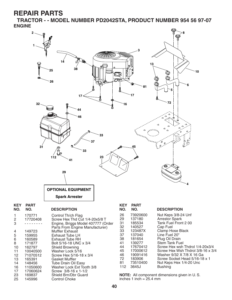 Repair parts, Engine | Poulan 185491 User Manual | Page 40 / 48