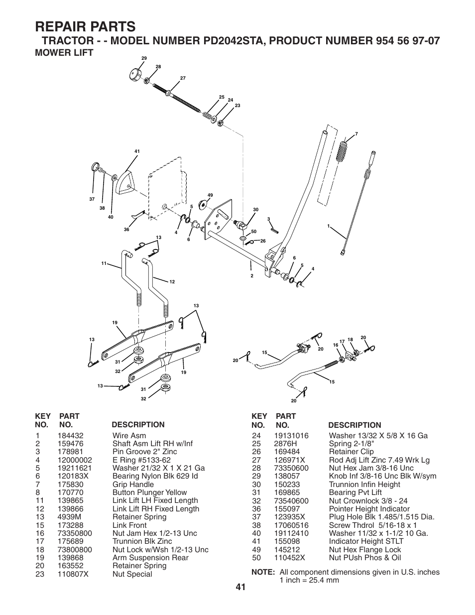Repair parts, Mower lift | Poulan 185491 User Manual | Page 41 / 48