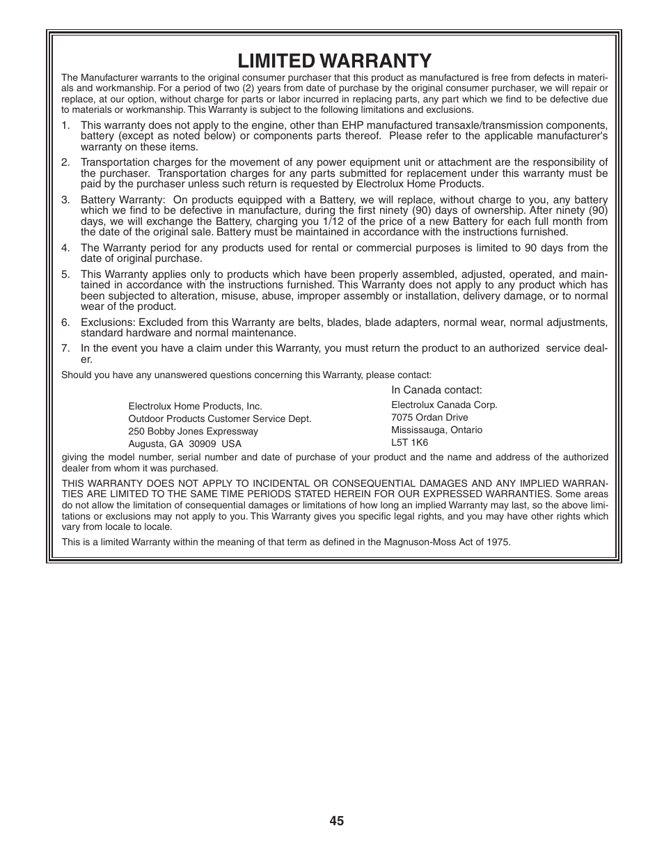 Limited warranty | Poulan 185491 User Manual | Page 45 / 48