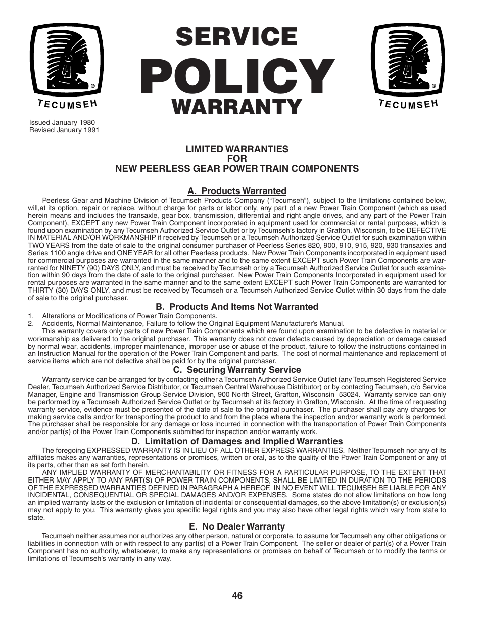 Policy, Service, Warranty | Poulan 185491 User Manual | Page 46 / 48