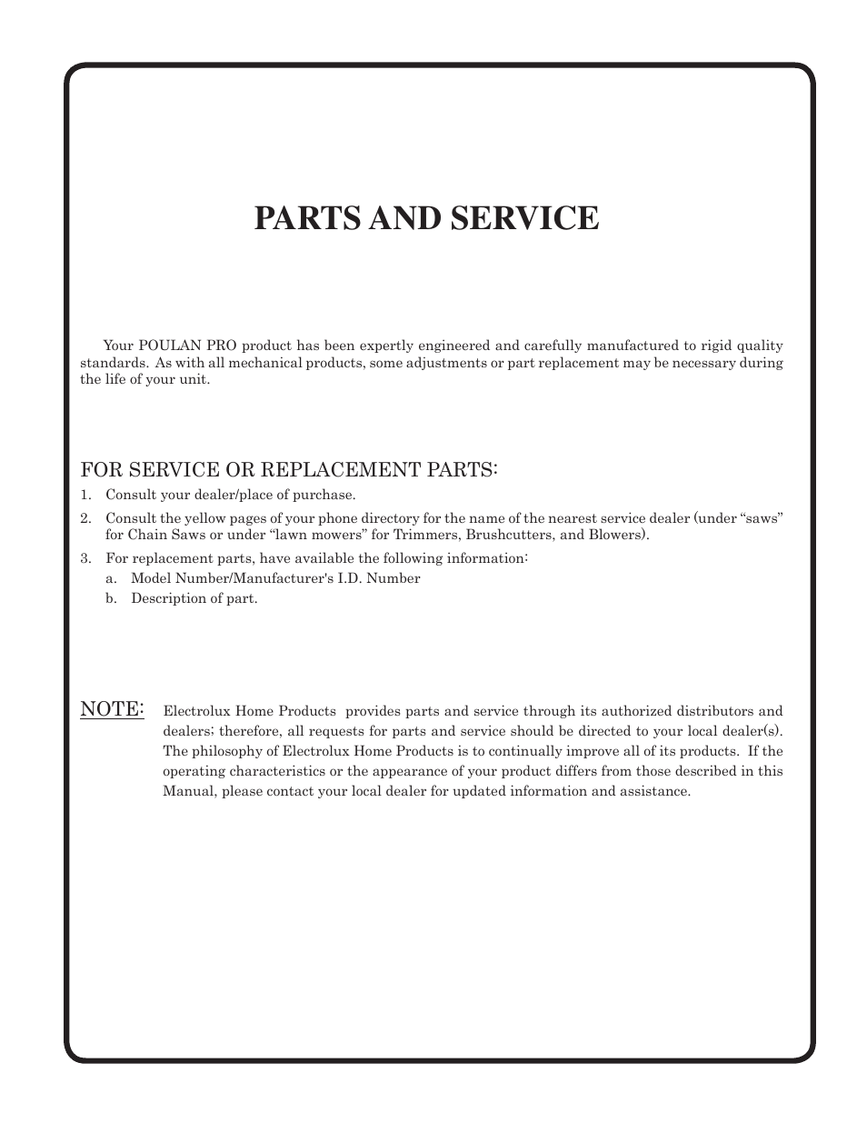 Parts and service | Poulan 185491 User Manual | Page 48 / 48