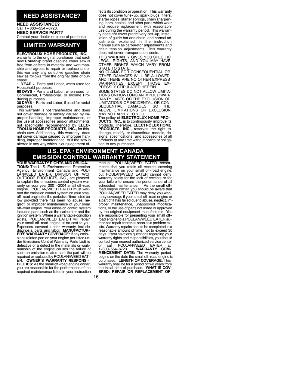 Need assistance, Limited warranty | Poulan 2150 User Manual | Page 16 / 17