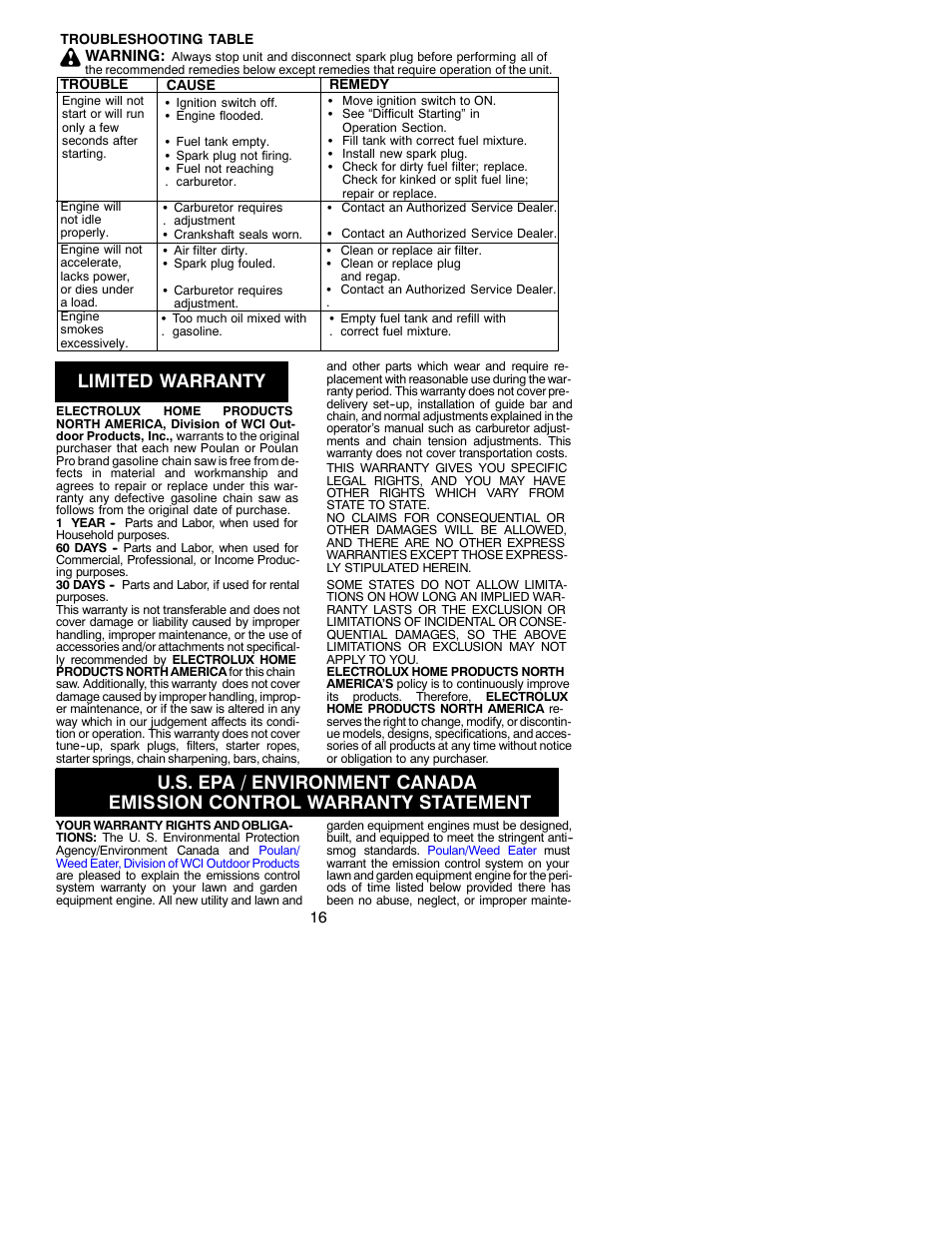 Limited warranty | Poulan 2001-02 User Manual | Page 16 / 17