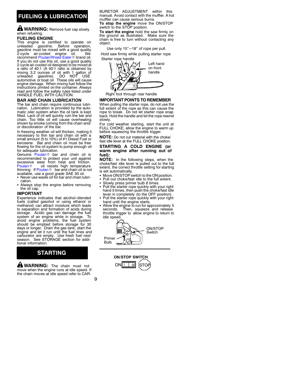 Starting, Fueling & lubrication | Poulan 2001-02 User Manual | Page 9 / 17