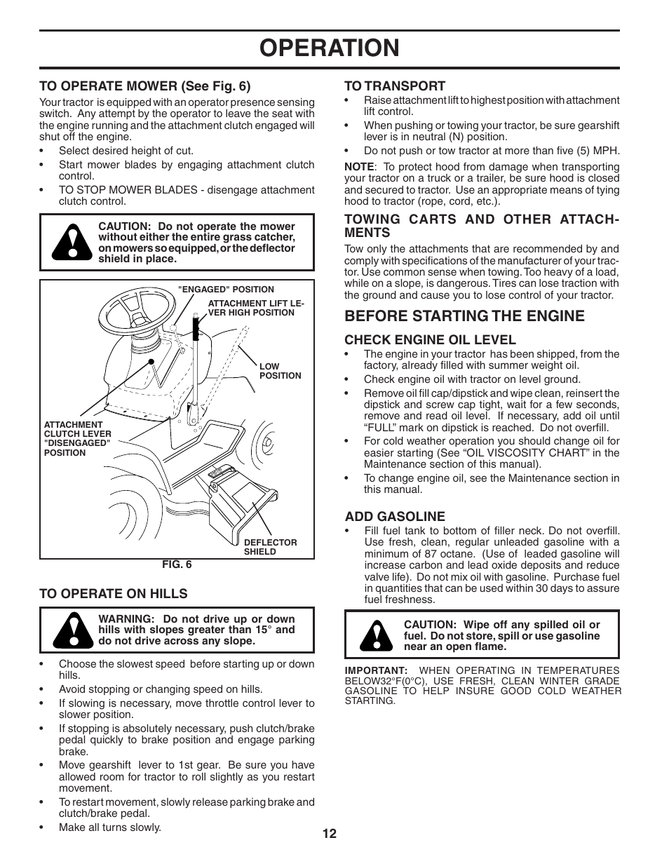 Operation, Before starting the engine | Poulan WE1538C User Manual | Page 12 / 48