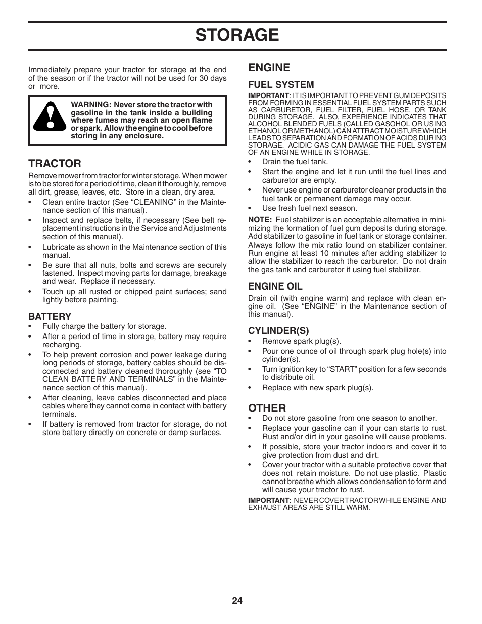 Storage, Tractor, Engine | Other | Poulan WE1538C User Manual | Page 24 / 48