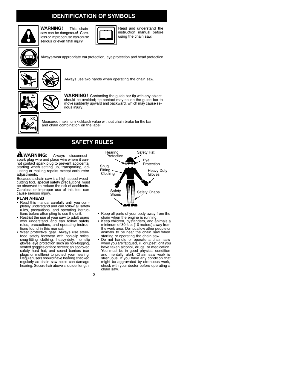 Identification of symbols, Safety rules | Poulan 3450 User Manual | Page 2 / 17
