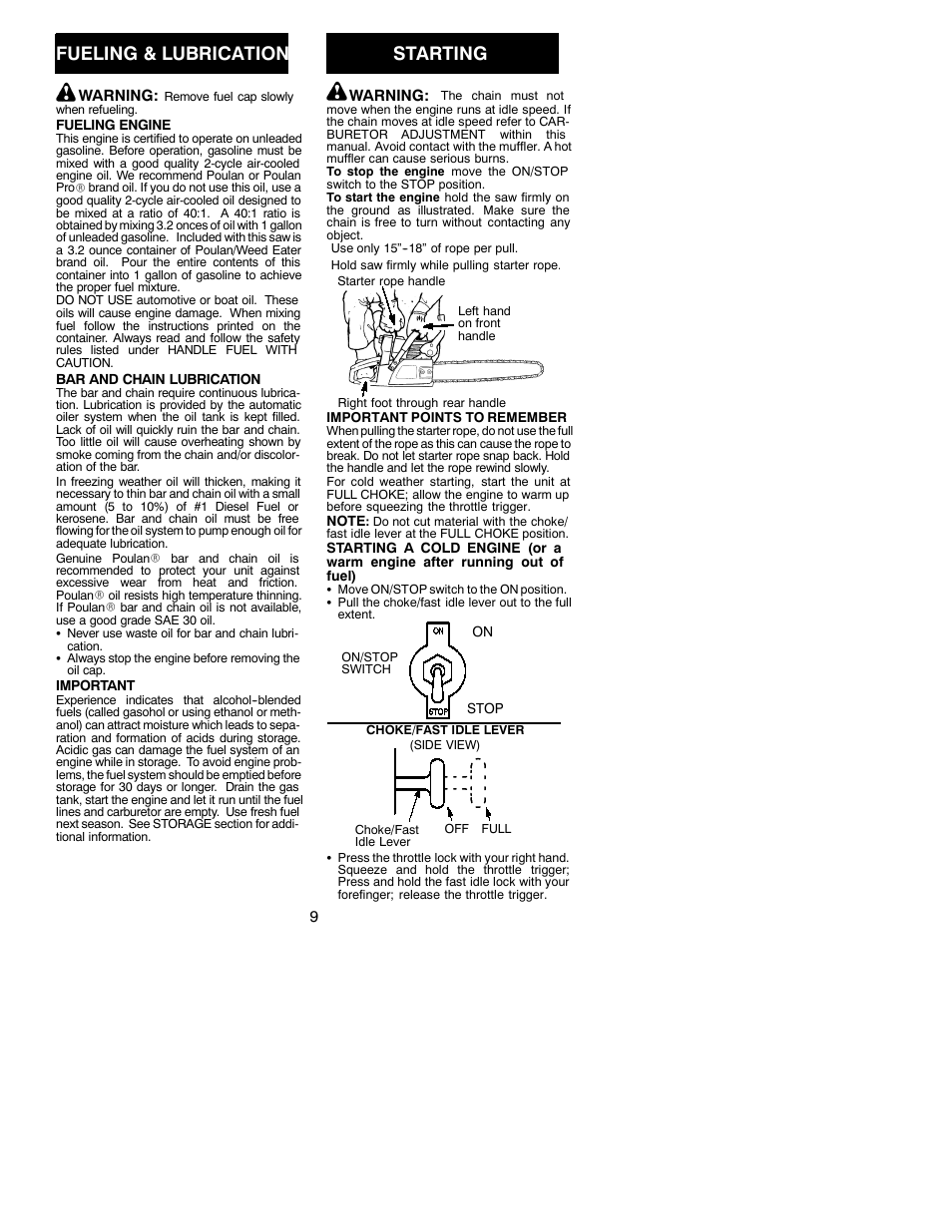 Fueling & lubrication, Starting | Poulan 3450 User Manual | Page 9 / 17