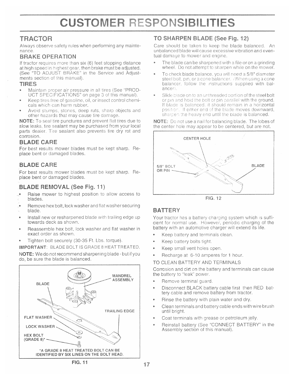 Brake operation, Blade care, To sharpen blade (see fig. 12) | Blade removal (see fig. 11), Battery, I i llfl | Poulan 159515 User Manual | Page 17 / 50
