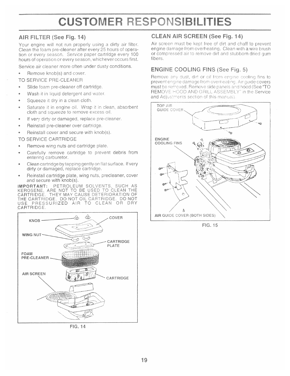 Customef, Clean air screen (see fiq. 141, Oling fins (s | Poulan 159515 User Manual | Page 19 / 50