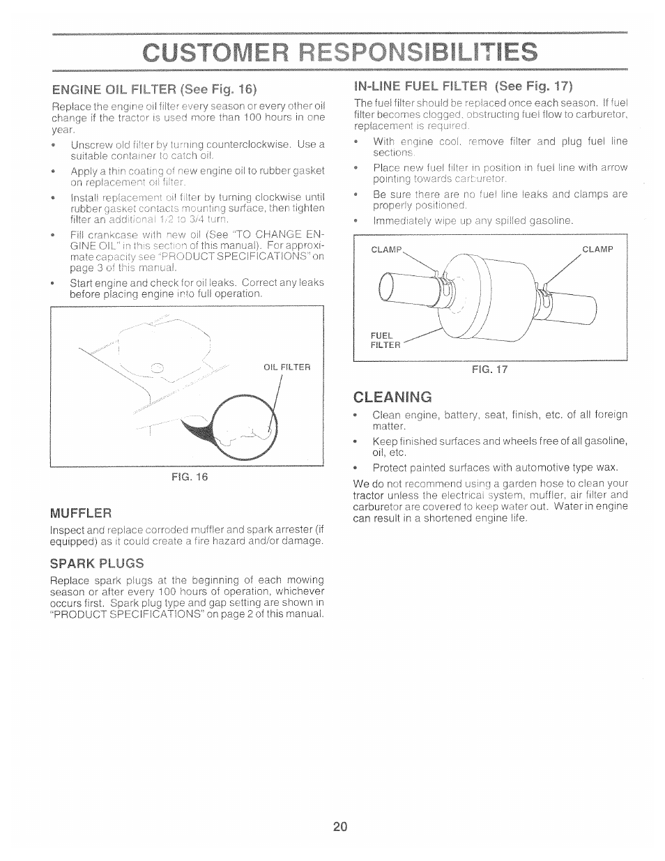 Custc, Engine oil filter (see fiq. 16), Muffler | Spark p’ unc, In-line fuel filter (see fiq, Cleaning | Poulan 159515 User Manual | Page 20 / 50
