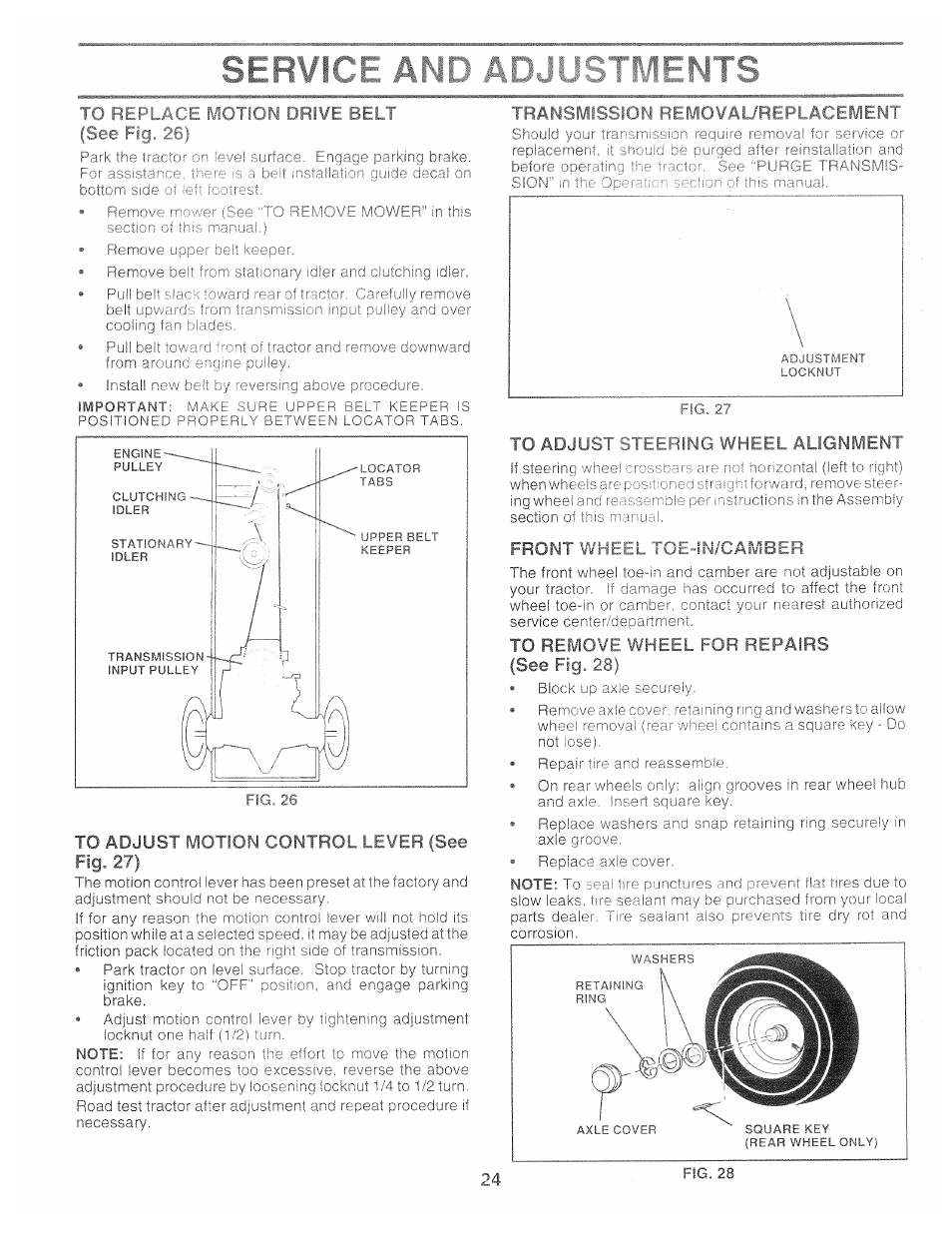 Sse fig. 26), To adjust motion control lever (see fig. 27), Front ‘vvheel toejn/carv1ber | To remove wheel for repairs (see fig. 28) | Poulan 159515 User Manual | Page 24 / 50