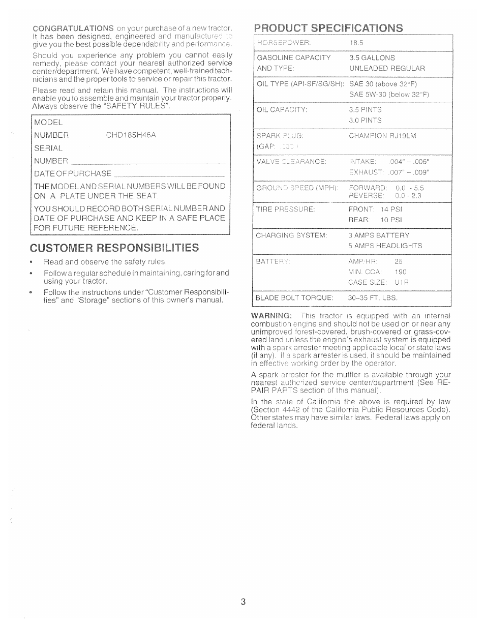 Customfr respomf:?nioities, Product speci fications | Poulan 159515 User Manual | Page 3 / 50