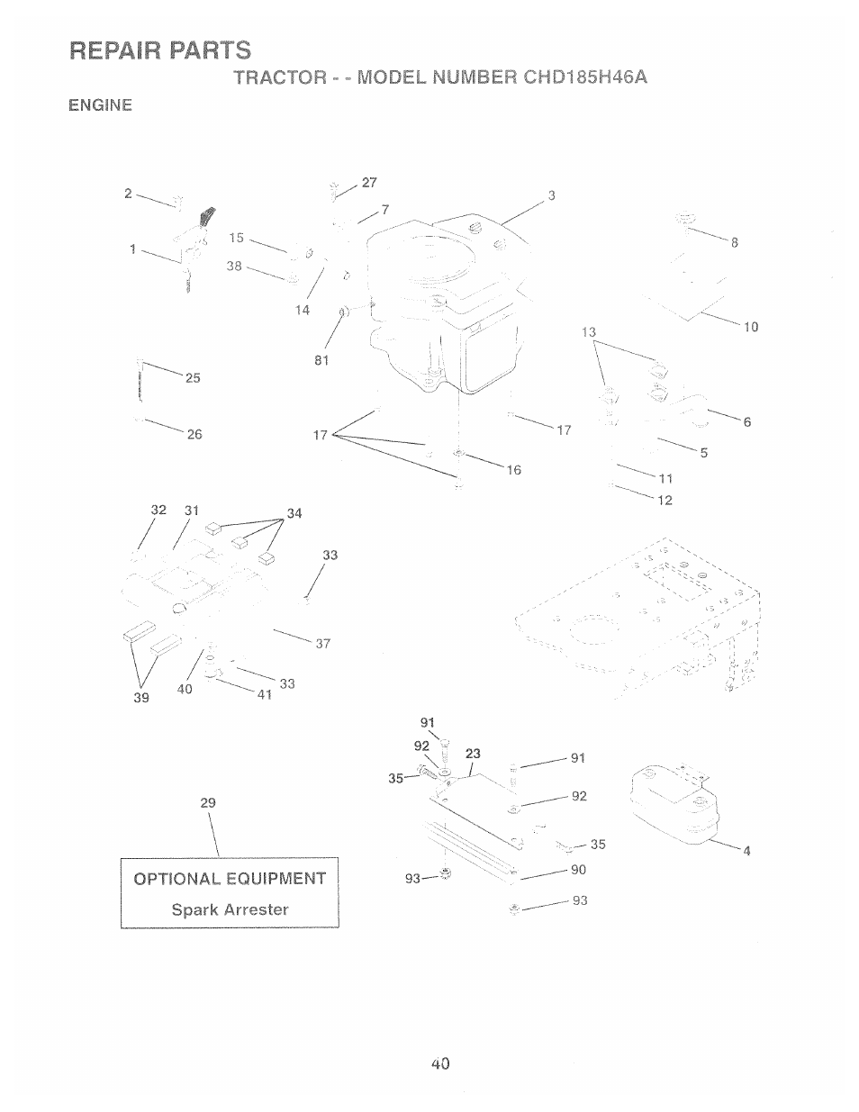 Optional conipment spark arrester, Repair parts | Poulan 159515 User Manual | Page 38 / 50