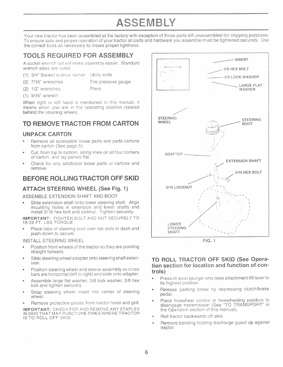 To remove tractor from carton, Unpack carton, Before rolling tractor off skid | Attach steering wheel (see fig. 1), Ols r, Equired for assembly | Poulan 159515 User Manual | Page 6 / 50