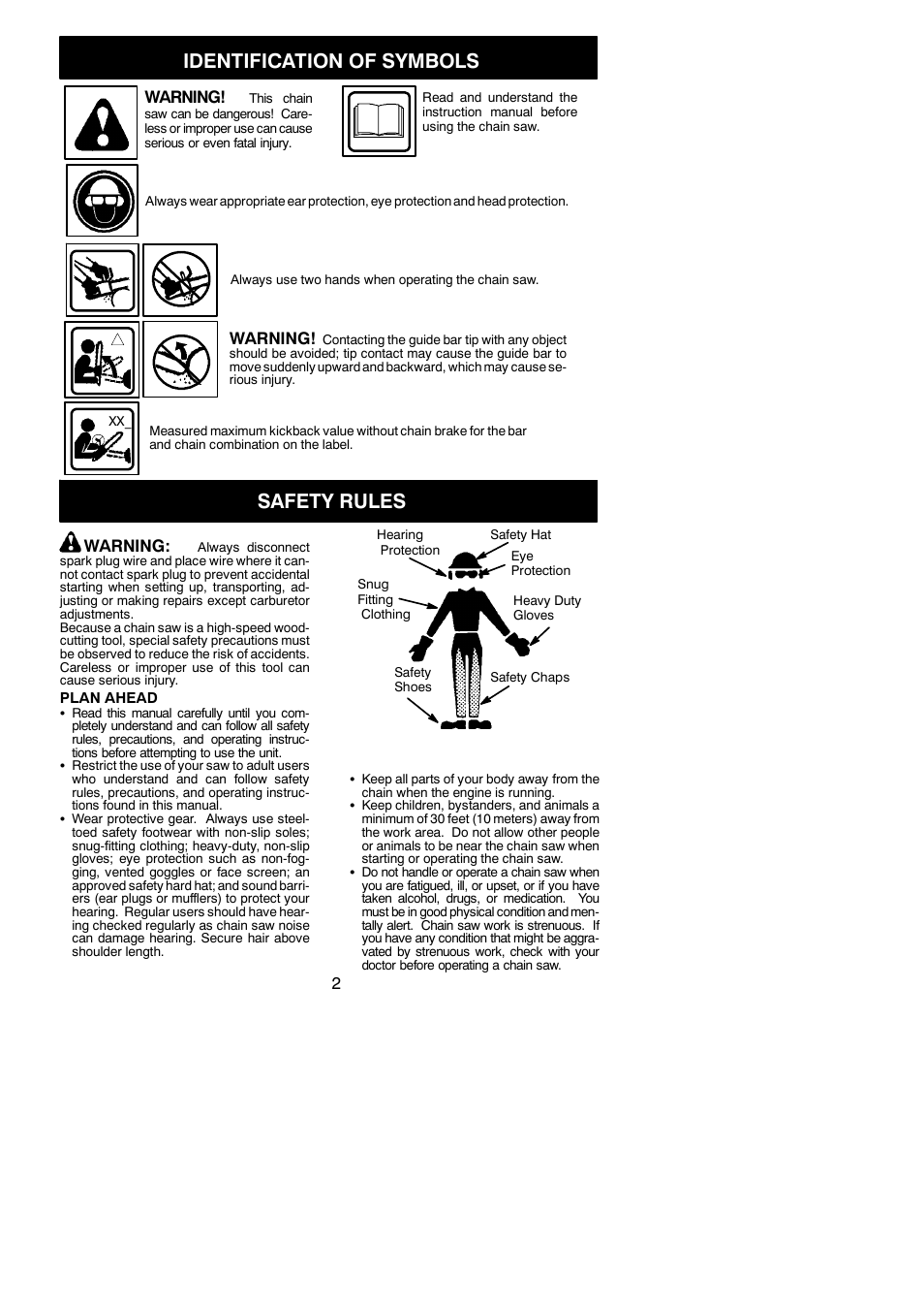 Identification of symbols, Safety rules, Warning | Poulan 350 User Manual | Page 2 / 18
