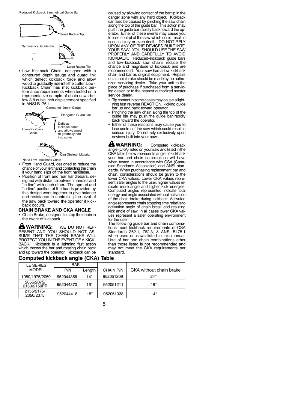 Warning, Computed kickback angle (cka) table | Poulan 350 User Manual | Page 5 / 18