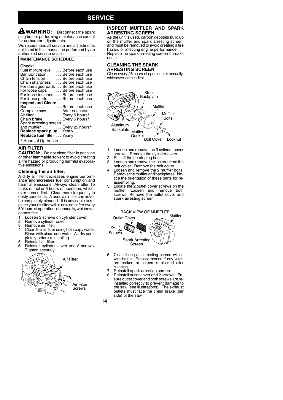 Service, Warning | Poulan PP4620AVHD User Manual | Page 14 / 18