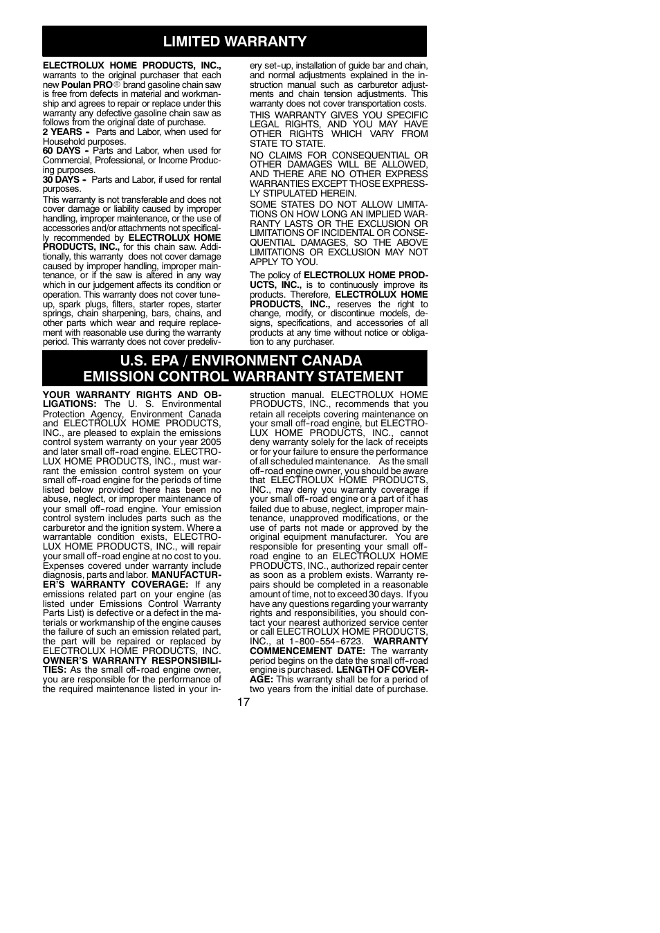 Limited warranty | Poulan PP4620AVHD User Manual | Page 17 / 18