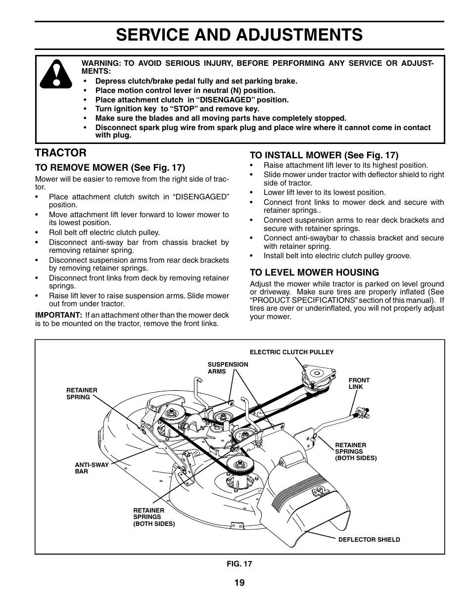 Service and adjustments, Tractor | Poulan 195021 User Manual | Page 19 / 30