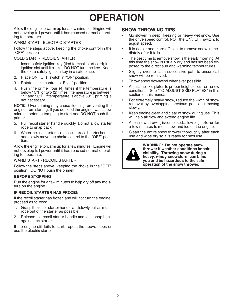 Operation | Poulan Pro XT827ES SNOW THROWER User Manual | Page 12 / 40