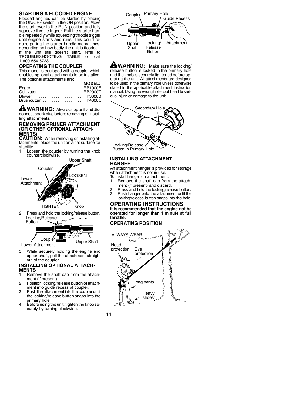 Warning, Operating instructions | Poulan Pro PP258TP User Manual | Page 11 / 19