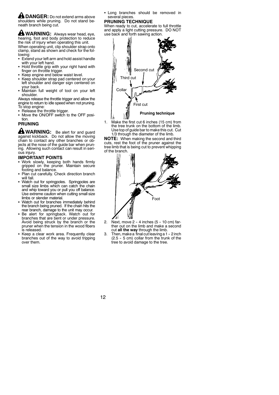 12 danger, Warning | Poulan Pro PP258TP User Manual | Page 12 / 19