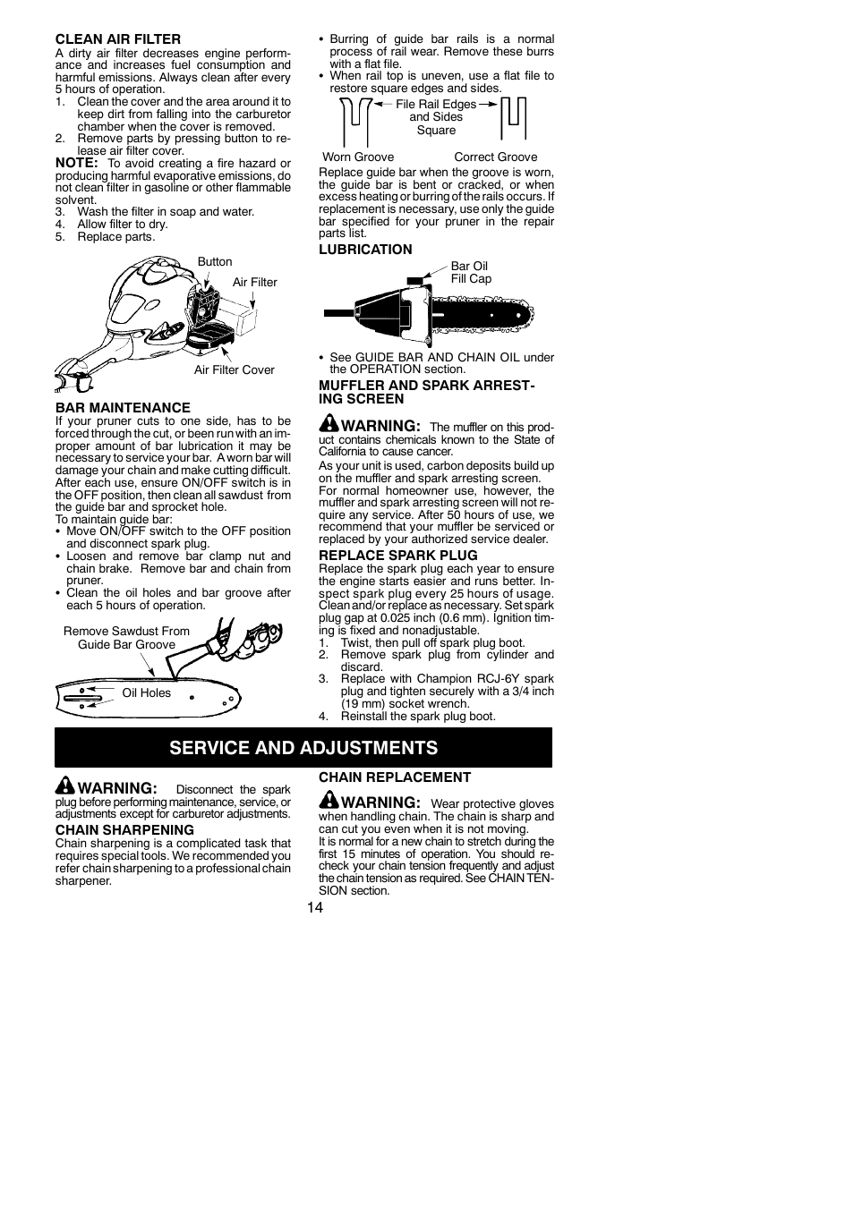 Service and adjustments, Warning | Poulan Pro PP258TP User Manual | Page 14 / 19