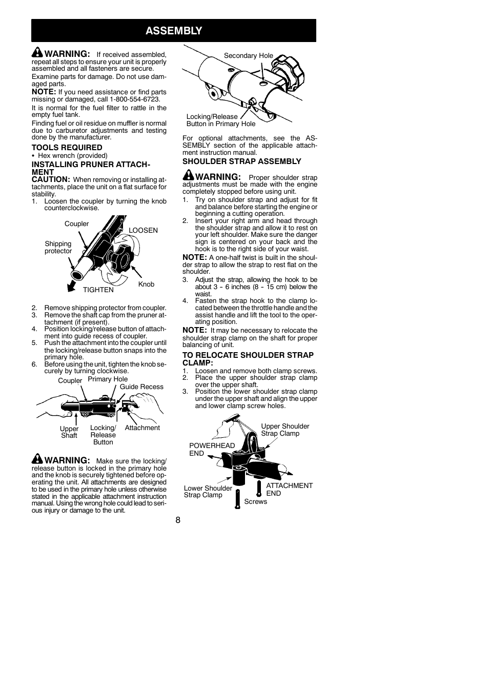 Assembly, Warning | Poulan Pro PP258TP User Manual | Page 8 / 19