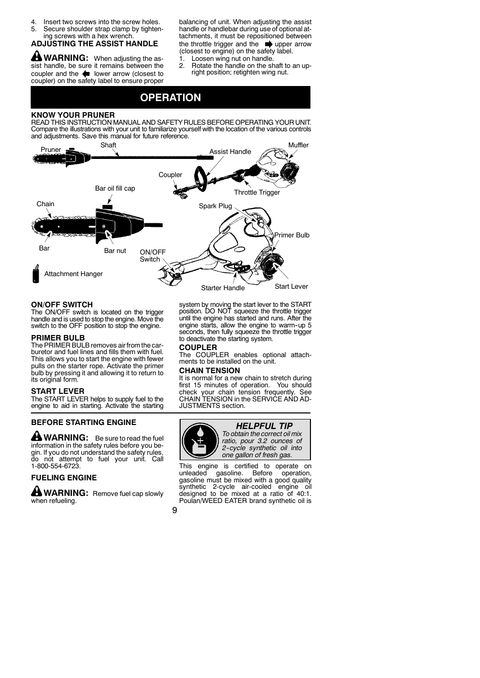 Operation, Warning, Helpful tip | Poulan Pro PP258TP User Manual | Page 9 / 19