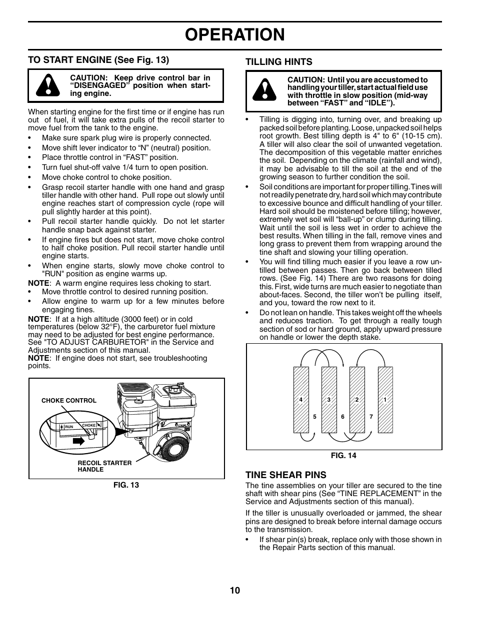 Operation, Tilling hints, Tine shear pins | Poulan MRT500 User Manual | Page 10 / 28