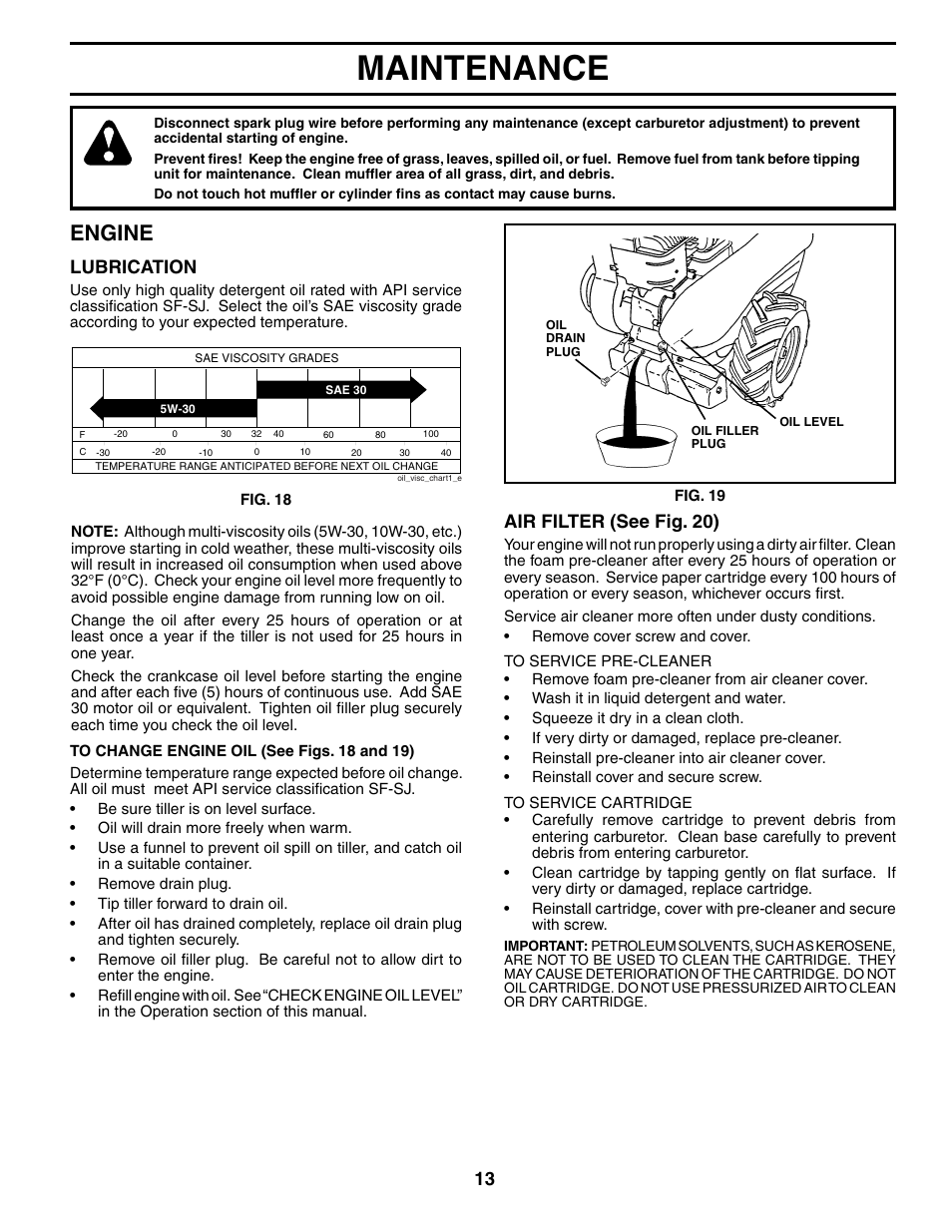 Maintenance, Engine, Lubrication | Air filter (see fig. 20) | Poulan MRT500 User Manual | Page 13 / 28