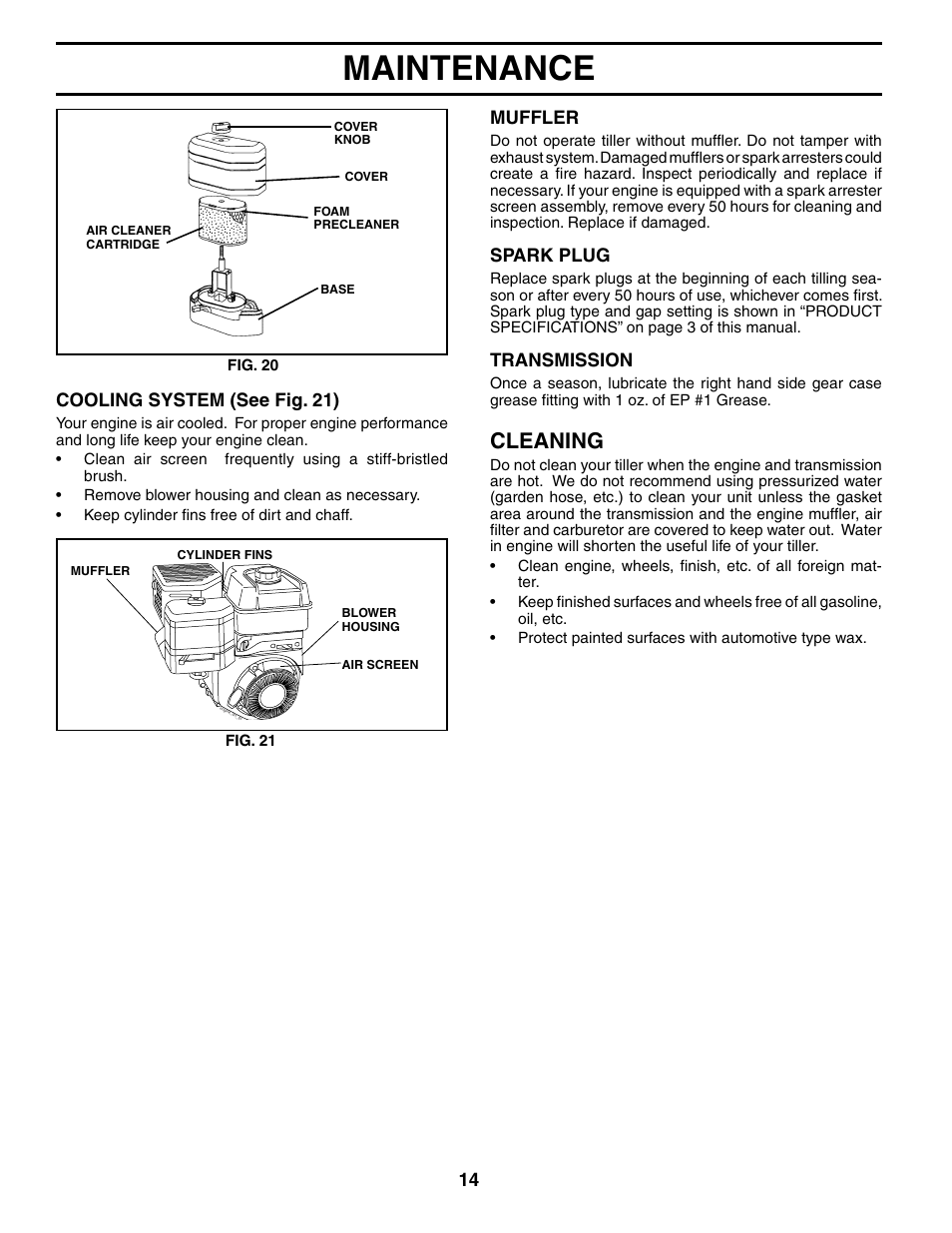 Maintenance, Cleaning, 14 muffler | Spark plug, Transmission, Cooling system (see fig. 21) | Poulan MRT500 User Manual | Page 14 / 28